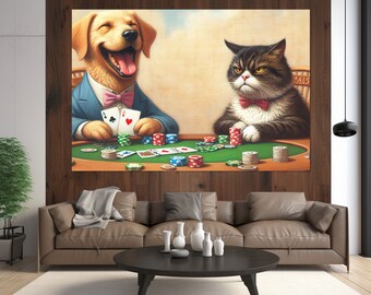 Dog Playing Poker with Cat Painting Canvas Print, Abstract Poker Wall Art, Poker Room Decor, Poker Gifts, Framed and Ready to Hang