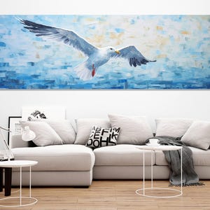 Grande dipinto di gabbiano, stampa su tela di gabbiano in volo, arte murale di uccelli, stampa minimalista di gabbiano, incorniciata e pronta da appendere