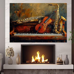 Musikinstrumente Vintage Malerei Leinwanddruck, Klavier, Geige, Saxophon Leinwanddruck, Musik Wandkunst, gerahmt und fertig zum Aufhängen