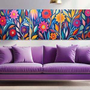 Colorful Botanical Canvas Print, Floral Wall Decor, Abstract Flowers Painting, Large Botanical Wall Art, Framed & Ready to Hang