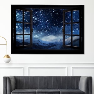 Open Window with Winter Mountains under Starry Sky View Painting, Faux Window Canvas Print, Night Landscape Canvas, Framed and Ready to Hang