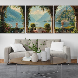Lake Como Coast Oil Painting Canvas Print in a Vintage Style, Italy Wall Art, Lake Como Panorama, Lake Como Poster, Framed & Ready to Hang image 6