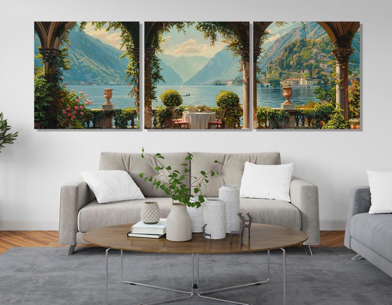 Lake Como Coast Oil Painting Canvas Print in a Vintage Style, Italy Wall Art, Lake Como Panorama, Lake Como Poster, Framed & Ready to Hang image 6