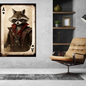 Ás de Copas com impressão em tela de guaxinim, arte de parede de pôquer, presente para jogador de cartas, emoldurado e pronto para pendurar