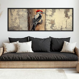 Woodpecker on a Tree Canvas Print, Rustic Woodpecker Wall Art, Woodpecker Retro Style Painting, Forest Birds Print, Framed and Ready to Hang