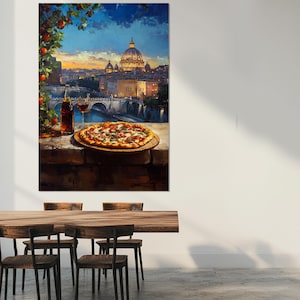 Pizza in Rome Painting Canvas Print, Scenic Italian Wall Art, Pizza Poster, Italian Food Wall Art, Rome Painting, Framed & Ready to Hang