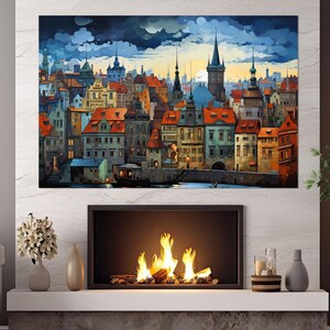 Abstract Prague Canvas Print, Vintage Prague Painting, Czech Republic Wall Art, Prague Houses, Czech Canvas Art, Framed & Ready to Hang