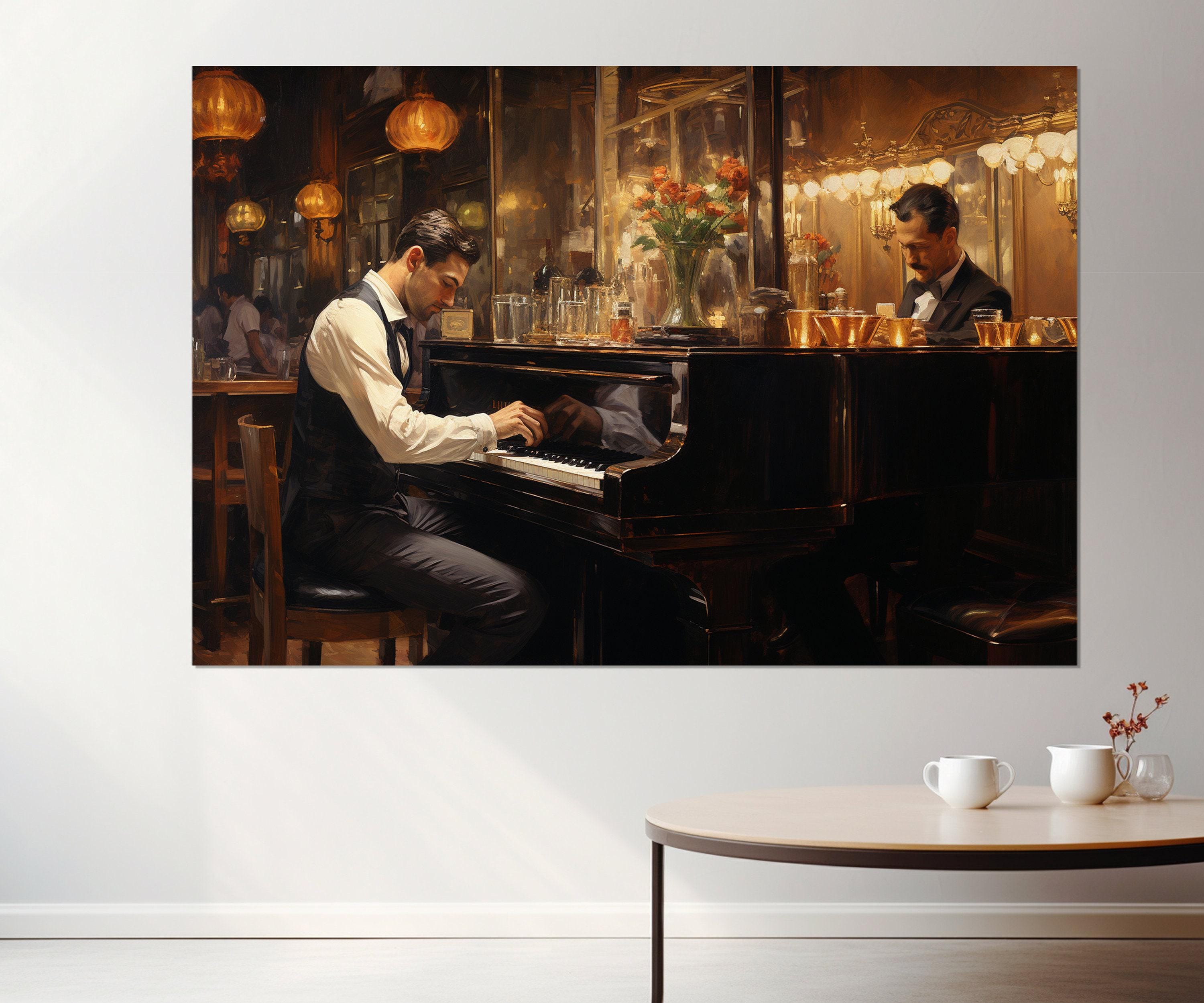 Pianist Playing in Bar Retro Painting Canvas Print, Piano Wall Art, Vintage Bar Painting, Pianist Gift, Framed and Ready to Hang