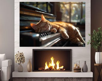 ピアノを弾く猫 キャンバス壁アート ピアノで眠る猫 キャンバス