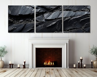 Large Black Stone Texture Painting Canvas Print, Contemporary Wall Art, Framed and Ready to Hang