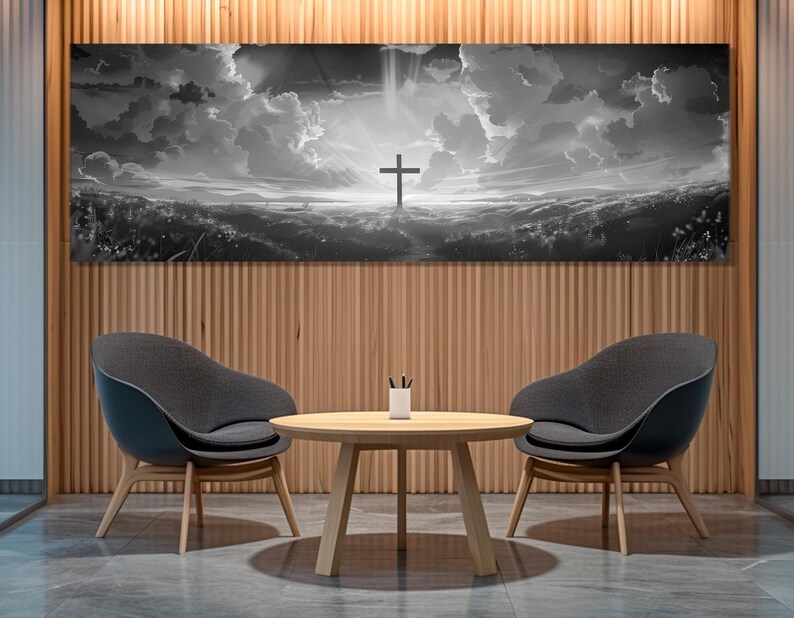 Arte de parede da Bíblia, O poder da cruz, impressão em tela, arte de parede religiosa em preto e branco, emoldurada e pronta para pendurar imagem 3