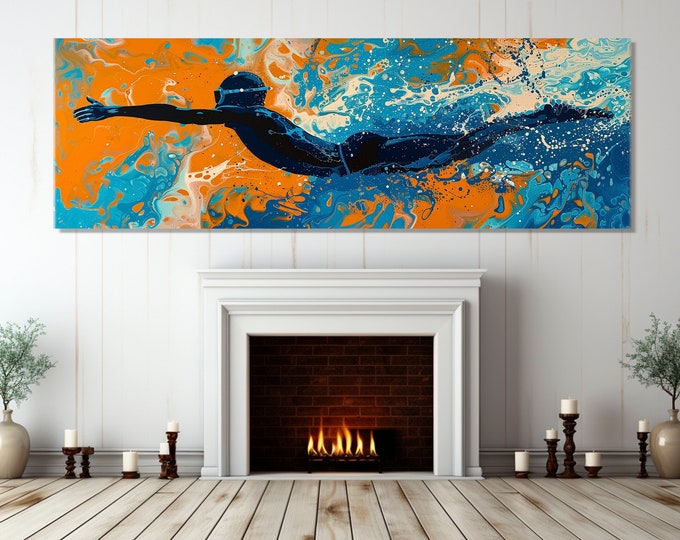 Abstract Swimmer Painting Canvas Print, Pop Art Swimming Wall Art, Swimming Canvas Print, Swimmer Gift, Framed and Ready to Hang