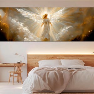 Stampa su tela con dipinto di angelo astratto, decorazione da parete per camera da letto, dipinto religioso, arte murale con angeli, grande poster con angelo, incorniciato e pronto da appendere