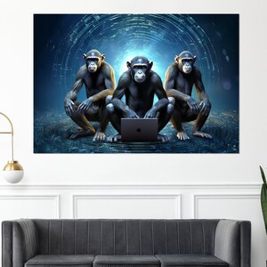 Scientific and Technical Progress Wall Art, Monkeys with Computer Canvas Print, Abstract Technical Wall Decor, Framed and Ready to Hang