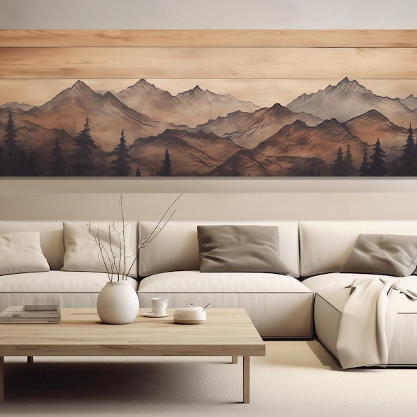 Abstract Soft Tones Mountains on Wooden Background Canvas PRINT, Mountains Painting, Rustic Mountains Wall Art, Framed and Ready to Hang