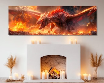 Fantasy Dragons Painting Canvas Print, Dragon in Fire Poster, Dragons Wall Art, Fantasy Wall Decor, Fantasy Fan Gift, Framed & Ready to Hang