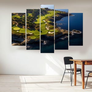 Impressão em tela de campo de golfe à beira-mar, arte de parede de golfe, decoração de resort de golfe, presente para jogador de golfe, decoração de parede de clube de golfe, emoldurada e pronta para pendurar imagem 5