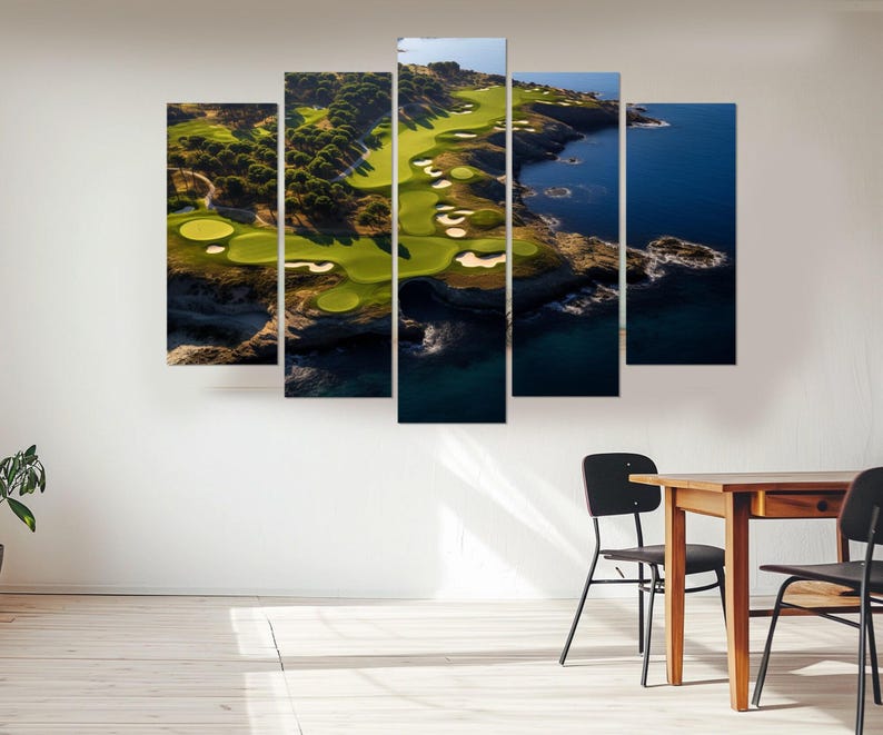 Impressão em tela de campo de golfe à beira-mar, arte de parede de golfe, decoração de resort de golfe, presente para jogador de golfe, decoração de parede de clube de golfe, emoldurada e pronta para pendurar imagem 5