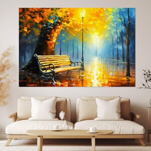 Bunter Herbst Park Gemälde Leinwand, Abstrakte Bank im Park Poster, Romantische Wandkunst, Zeitgenössische Kunst, gerahmt und fertig zum Aufhängen