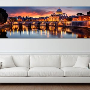 Puede incluir: Impresión en lienzo panorámica de un paisaje urbano al anochecer. La imagen presenta un puente, edificios y una gran estructura abovedada, todos iluminados contra un cielo colorido. La escena se refleja en el agua.