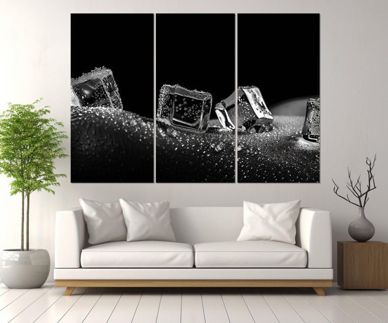 Arte mural erótico, impresión erótica abstracta en lienzo, arte mural sexy en blanco y negro, impresión de cubitos de hielo sobre cuerpo desnudo, enmarcada y lista para colgar. imagen 3