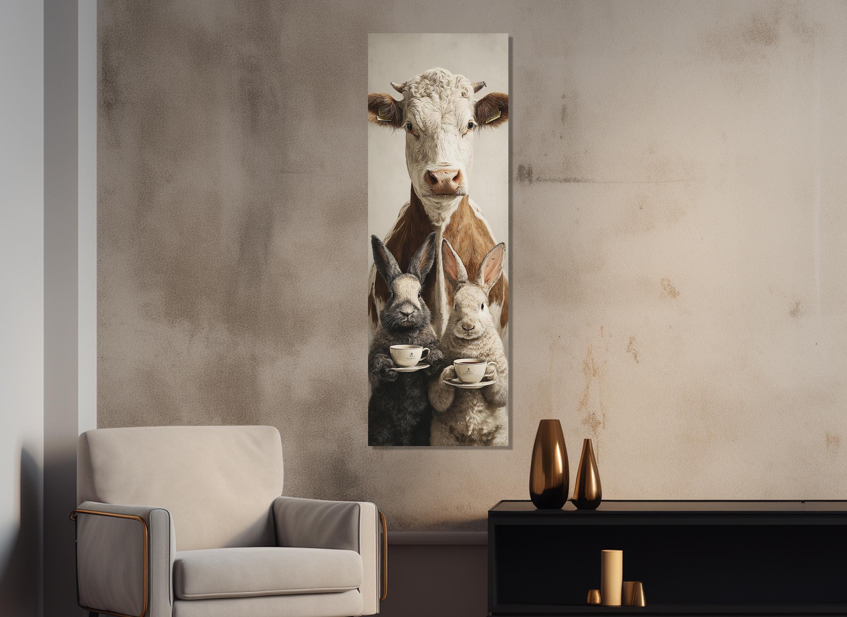 Cow Eat Rabbit Cow and Rabbits Drinking Tea Print Canvas Print, Framed & Ready to Hang ...