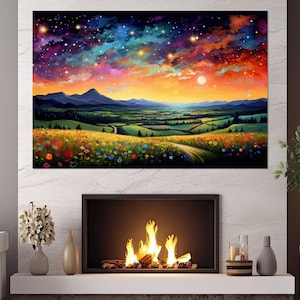 Impresión en lienzo de cielo estrellado sobre un campo de flores silvestres, paisaje natural escénico, decoración de pared para dormitorio, enmarcada y lista para colgar.