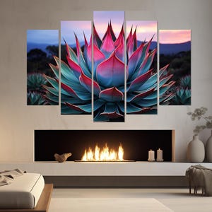 Bunte Agave in der Wüste Gemälde Leinwand, abstrakte Agave Wandkunst, abstrakte Kaktus Kunst, Wüstenkaktus Poster, gerahmt und fertig zum Aufhängen