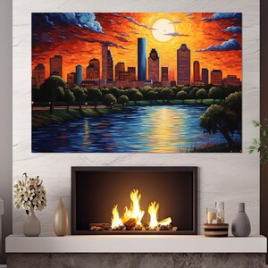 Abstract Houston Painting in Vincent Van Gogh Style Canvas Print, Houston Wall Art, Houston Poster, Framed and Ready to Hang