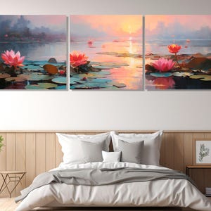 Water Lilies on the Lake Painting Canvas Print, Abstract Water Lily Wall Art, Nature Oil Painting, Framed and Ready to Hang image 3