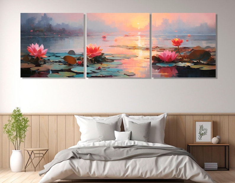 Water Lilies on the Lake Painting Canvas Print, Abstract Water Lily Wall Art, Nature Oil Painting, Framed and Ready to Hang image 3