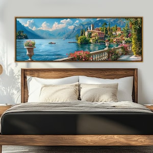 Scenic Lake Como Coast Canvas Print, Italy Wall Art, Panoramic Lake Como Painting, Lake Como Poster, Large Italian Wall Decor