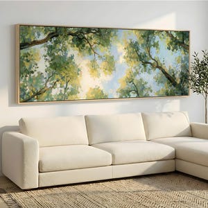 Tree Canopy Canvas Print, Panoramic Forest Sky Painting, Botanical Wall Art, Framed & Ready to Hang