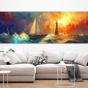 Scenic Sailboat and Lighthouse in Storm Painting Canvas Print, Nautical Wall Art, Watercolor Nautical Painting, Framed & Ready to Hang