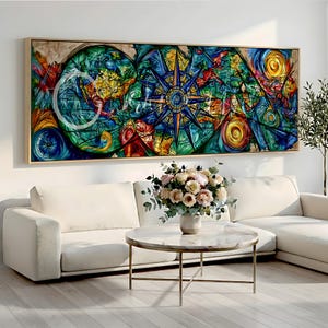 May include: A large rectangular wall art piece featuring a vibrant, abstract world map design with a prominent central compass rose. The artwork displays swirling patterns of deep blue, emerald green, bright yellow, and red, framed in a light wood.