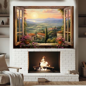 Open Window with Rustic Tuscany View Painting Canvas Print, Tuscany Village Print, Retro Style Italy Wall Decor, Framed and Ready to Hang