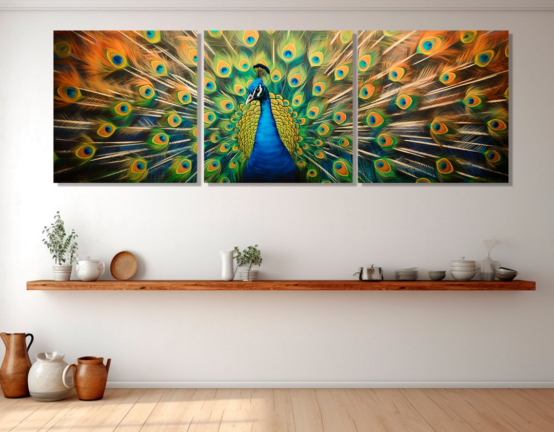 Stunning Peacock Painting Canvas Print, Large Peacock Wall Art, Modern Colorful Wall Decor