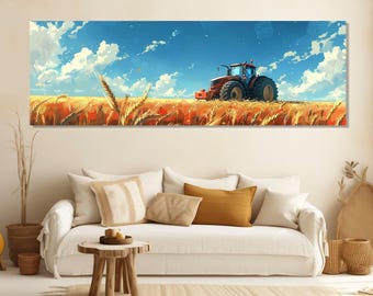 Tractor in a Wheat Field Canvas Print, Farmhouse Agricultural Wall Art, Framed, Ready to Hang