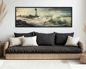 Old Lighthouse on Rocky Coast Canvas Print, Nautical Painting, Framed & Ready to Hang