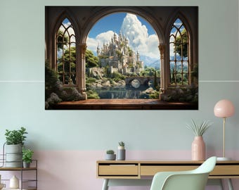Fairytale Сastle View Canvas Print, Nursery Wall Decor, Girl Room Decor, Framed and Ready to Hang