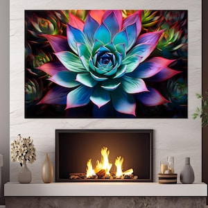 Abstrakte Agave Malerei Leinwanddruck, Bunte Agave Wandkunst, Abstrakte Kaktus Kunst, Großes Kaktus Poster, gerahmt und fertig zum Aufhängen