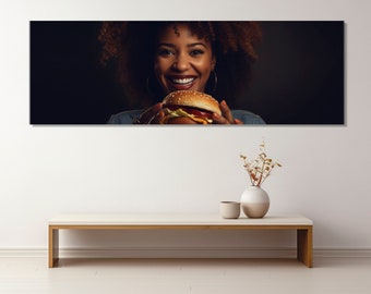 Beautiful Girl with a Hamburger Canvas Print, Food Wall Art, Fast Food Wall Decor, Kitchen Decor, Kitchen Wall Art, Framed and Ready to Hang