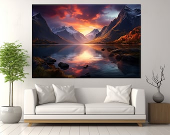 Fjord Sunset Painting Canvas Print, Norway Wall Art, Fjord Colorful Painting, Fjord Wall Art, Norway Painting, Framed and Ready to Hang