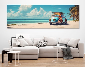 Beautiful Cancun Landscape with Retro Taxi on the Beach Canvas Print, Cancun Wall Art, Mexico, Framed and Ready to Hang