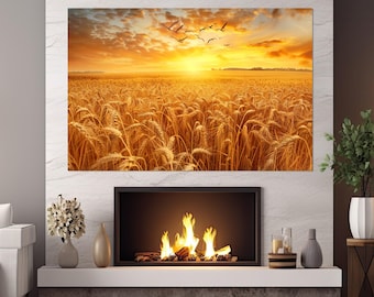 May include: A photograph of a field of golden wheat at sunset with a flock of birds flying overhead. The sun is setting in the distance, casting a warm glow over the scene.