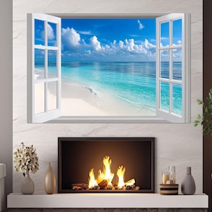 Öffnen Sie Fenster zu weißem Sand Strand Leinwanddruck, Fenster zu Paradiesstrand Gemälde, Malediven Wandkunst, gerahmt und fertig zum Aufhängen