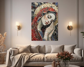 The Virgin Mary Mosaic Canvas Print, Roman Catholic Wall Art, Virgin Mary Painting, Mosaic Wall Art, Framed and Ready to Hang