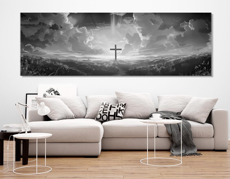 Arte de parede da Bíblia, O poder da cruz, impressão em tela, arte de parede religiosa em preto e branco, emoldurada e pronta para pendurar imagem 4