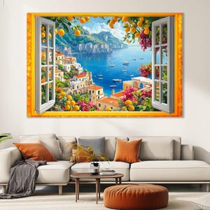 Offenes Fenster mit Amalfiküste Leinwanddruck, Amalfi Malerei, Fenster nach Italien, Amalfi Wandkunst, gerahmt und fertig zum Aufhängen