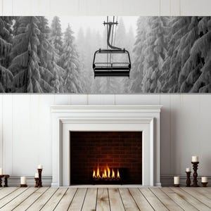 Großer Skifahrer Leinwand Druck, schwarz weiß Ski Lift Kunst, Skifahrer Geschenk, Sesselbahn Poster, Winter Wandkunst, gerahmt und fertig zum Aufhängen